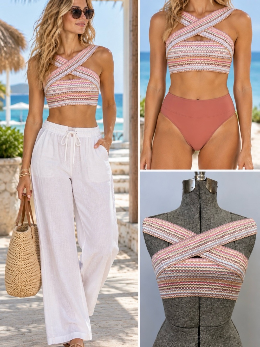 💥Hobie Crisscross Halter Bikini Top Multicolor Chevron Stripe Knit Size S💛